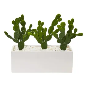 11” Cactus Succulent Artificial Plant in Glazed White Vase