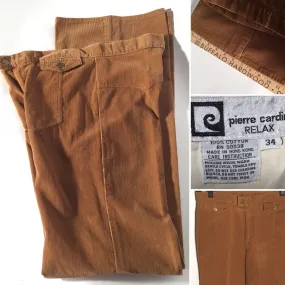1970s Men's Tall Vintage Pierre Cardin Corduroy Tan Flare Pants 33" x 35"