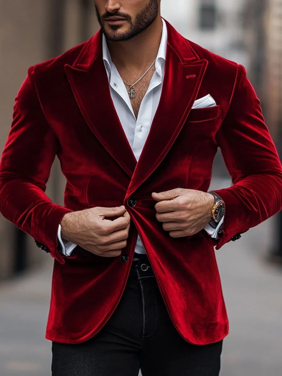 【24-hour shipping】Men's Lapel Red Velvet Single Breasted Vintage Blazer