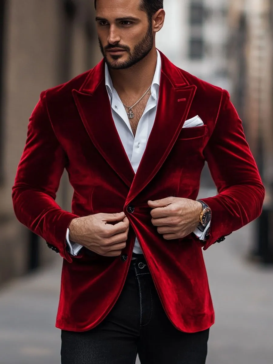 【24-hour shipping】Men's Lapel Red Velvet Single Breasted Vintage Blazer