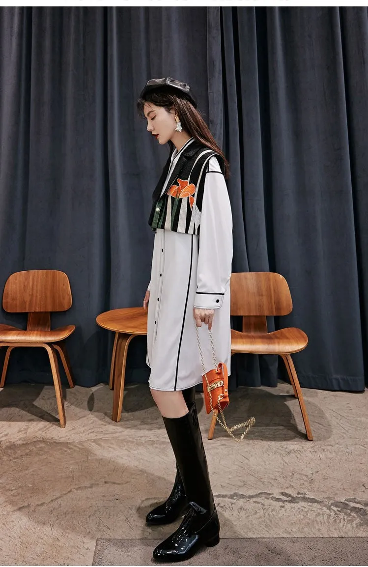 8GIRLS COTTON SHIRT DRESS WITH BLACK CONTRAST IN WHITE