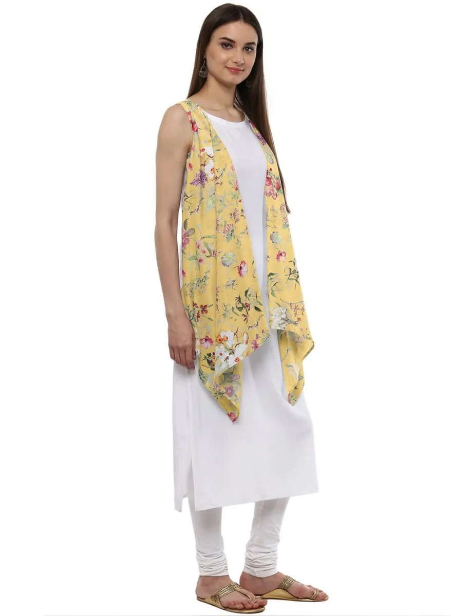 Ahalyaa White & Yellow Floral Scarf Cape Attached Straight Kurta