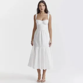 Amozae High Quality Summer Elegant and Pretty Women's Dresses White Cotton Blend Jacquard Dress Midi Vacation Party Dress