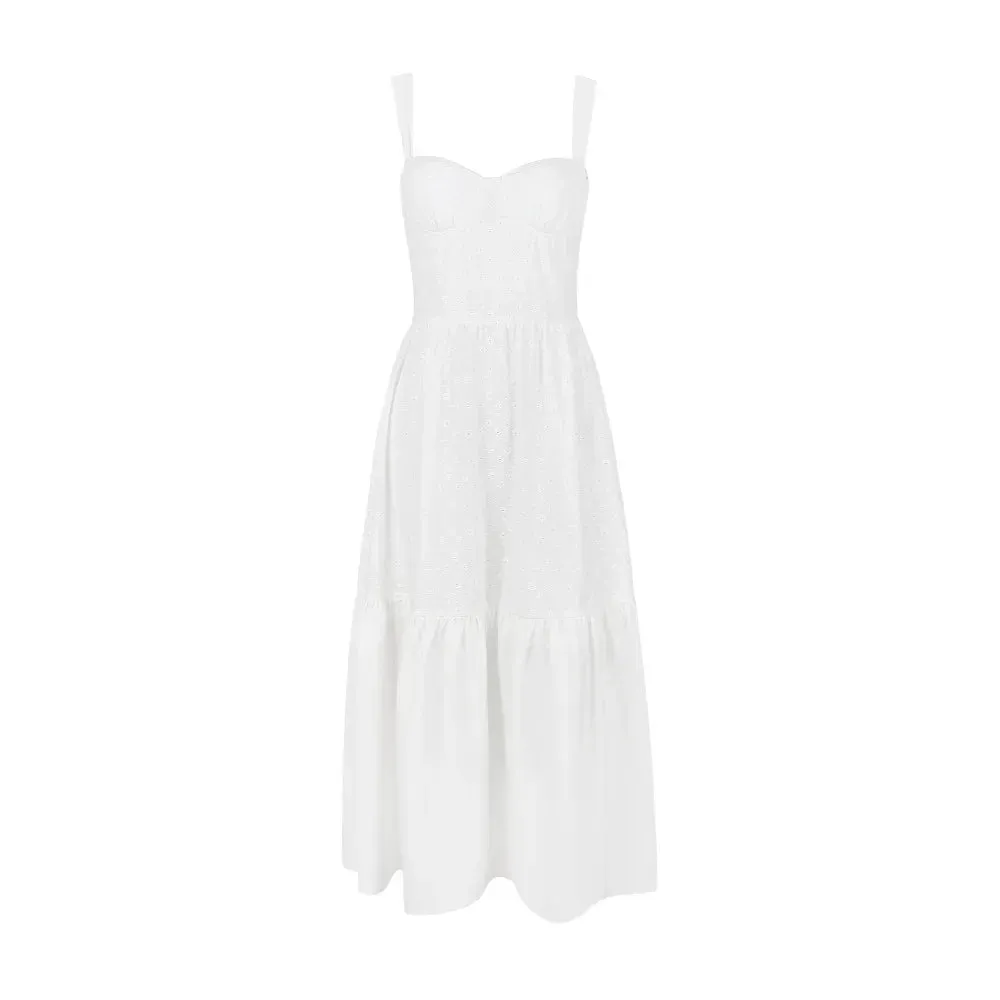 Amozae High Quality Summer Elegant and Pretty Women's Dresses White Cotton Blend Jacquard Dress Midi Vacation Party Dress