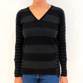 Black and Slate Grey Cashmere V-Neck Jumper Medium