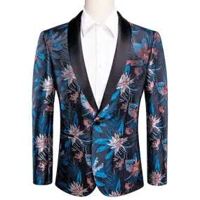 Black Blue White Epiphyllum Floral Men's Suit for Party
