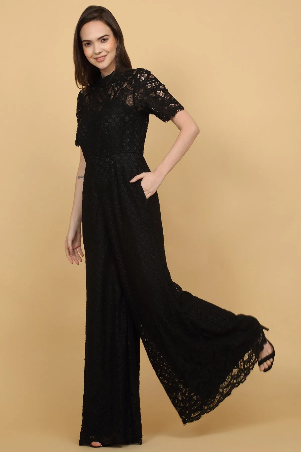 Black Laced High Neck Jumpsuit