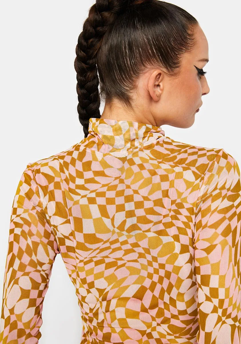 Blush Checkerboard Zadie Mesh Turtleneck Top