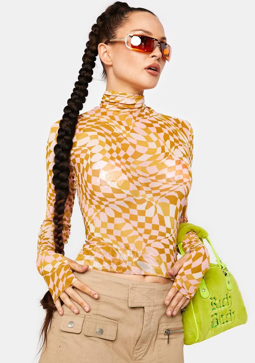 Blush Checkerboard Zadie Mesh Turtleneck Top