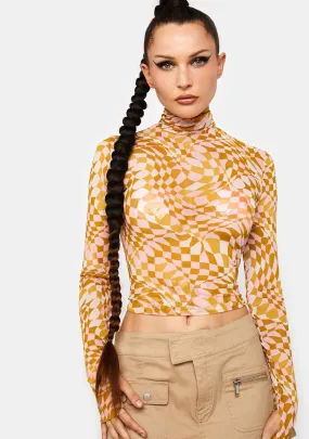 Blush Checkerboard Zadie Mesh Turtleneck Top
