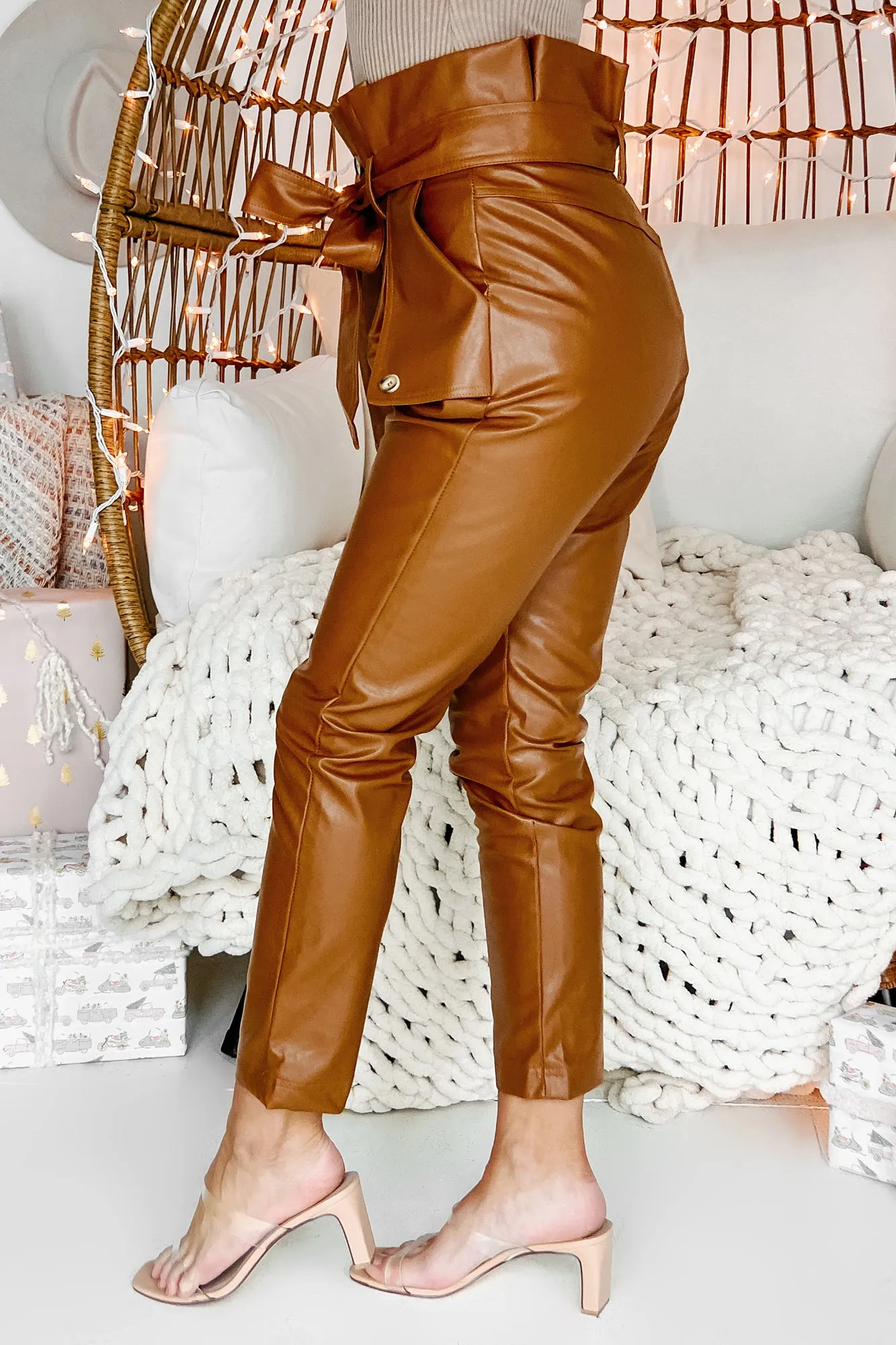 Brazen Behavior Faux Leather Paperbag Waist Pants (Camel)