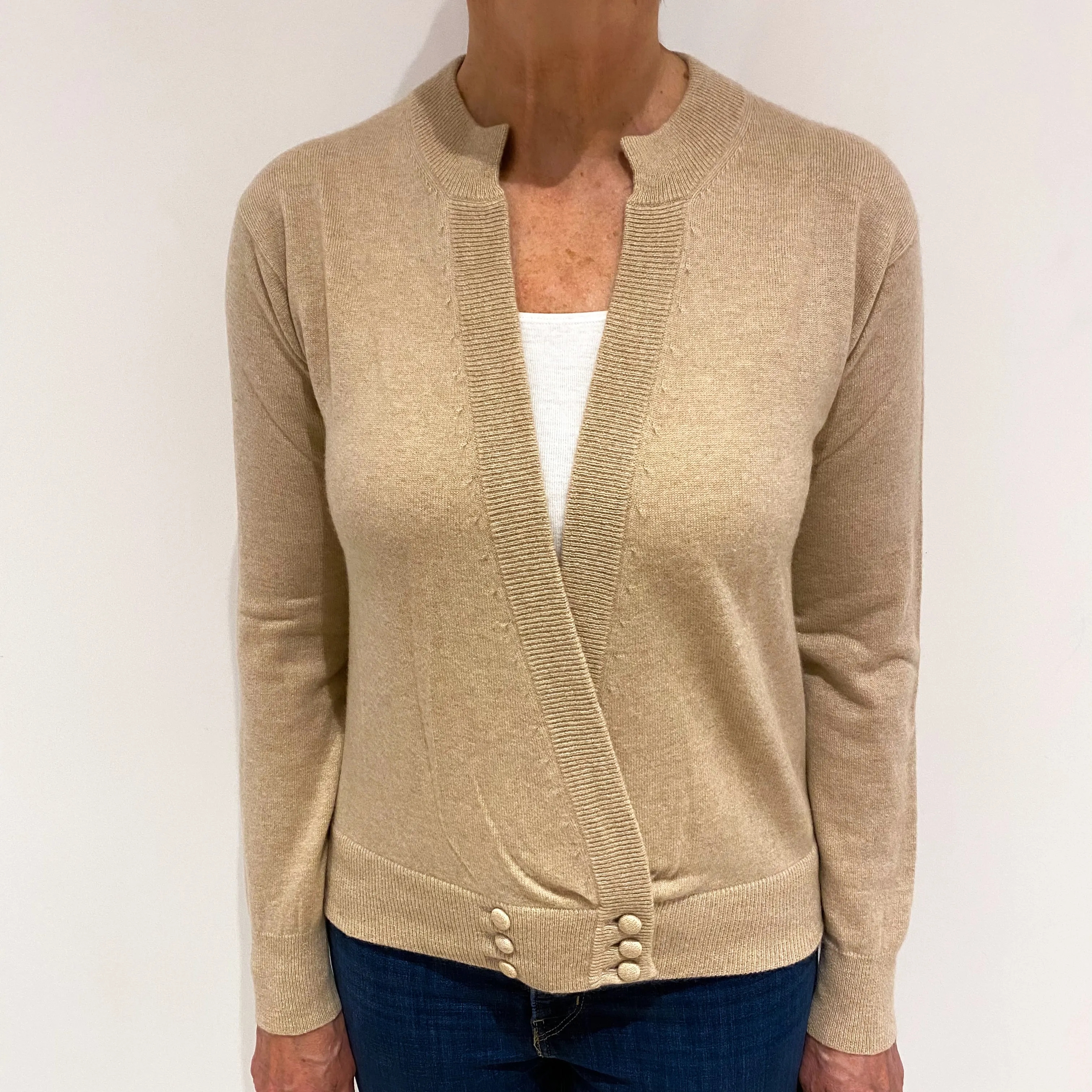 Buff Light Brown Cashmere Deep V Neck Cardigan Medium