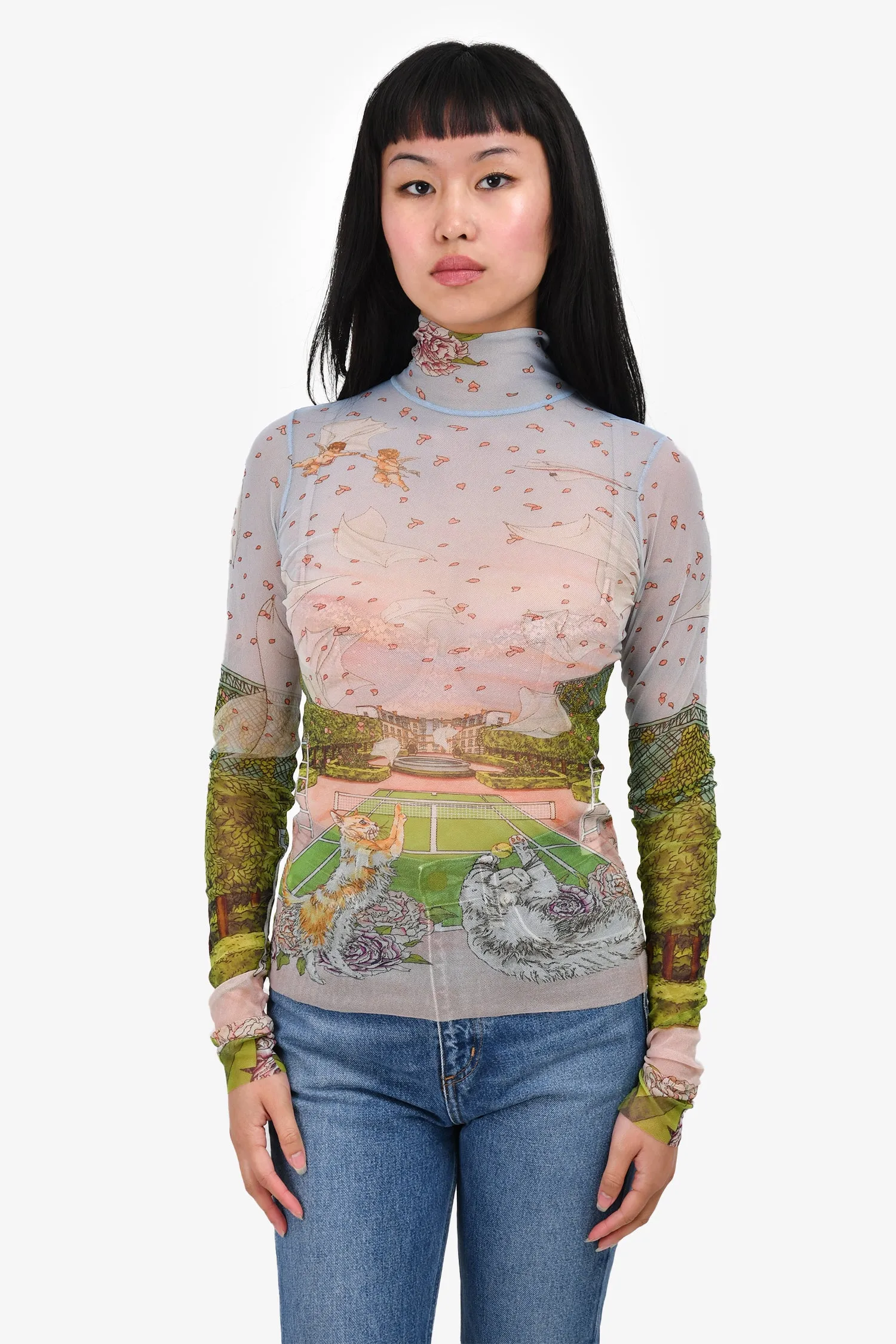 Casablanca Blue/Pink Sheer Turtleneck Top Size S