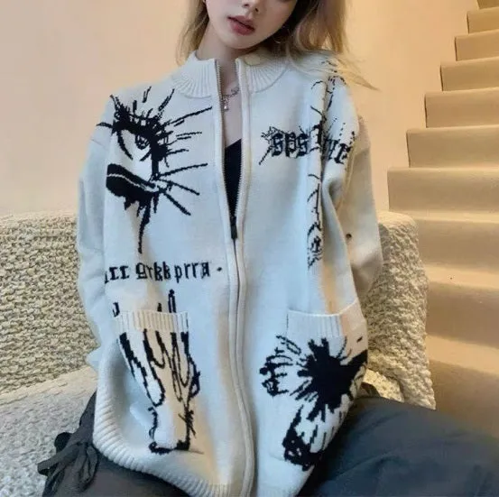 christmas outfit Sonicelife Different Print Big Pocket Knit Cardigan