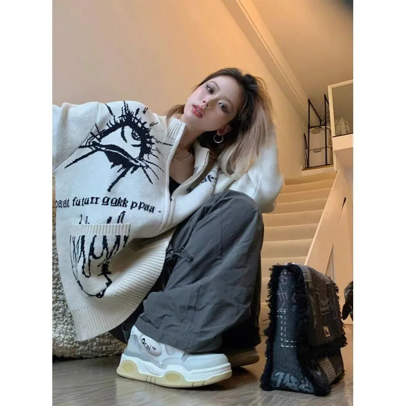 christmas outfit Sonicelife Different Print Big Pocket Knit Cardigan