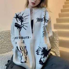 christmas outfit Sonicelife Different Print Big Pocket Knit Cardigan