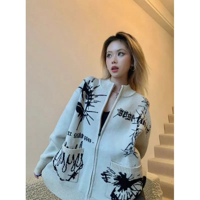 christmas outfit Sonicelife Different Print Big Pocket Knit Cardigan