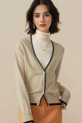 Classic Fine Knit V-Neck Button-Up Wool Cardigan with Contrast Trim
