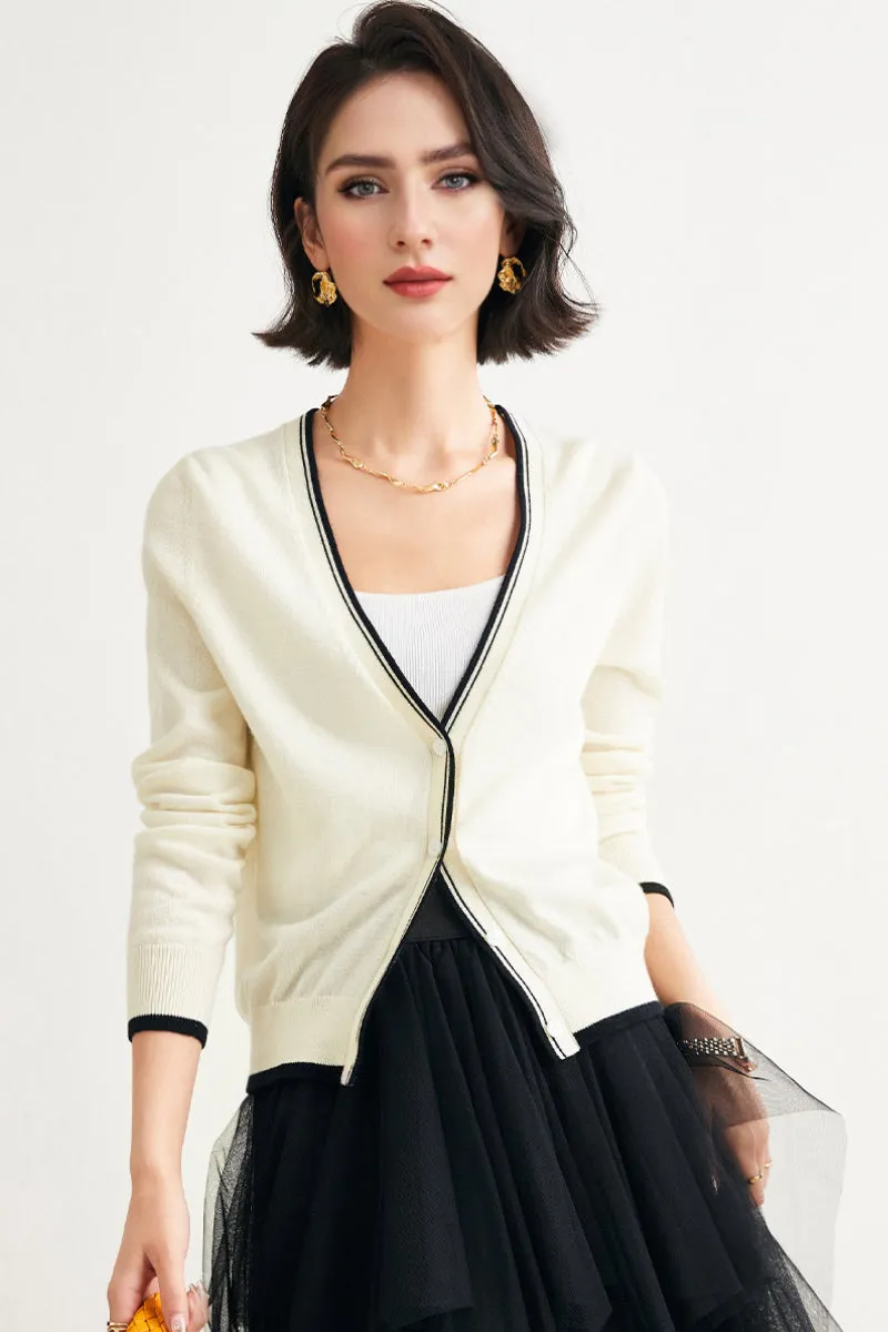 Classic Fine Knit V-Neck Button-Up Wool Cardigan with Contrast Trim