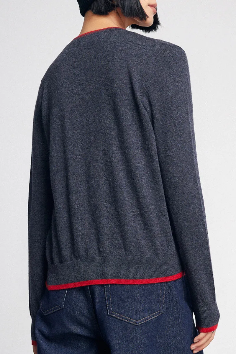 Classic Fine Knit V-Neck Button-Up Wool Cardigan with Contrast Trim