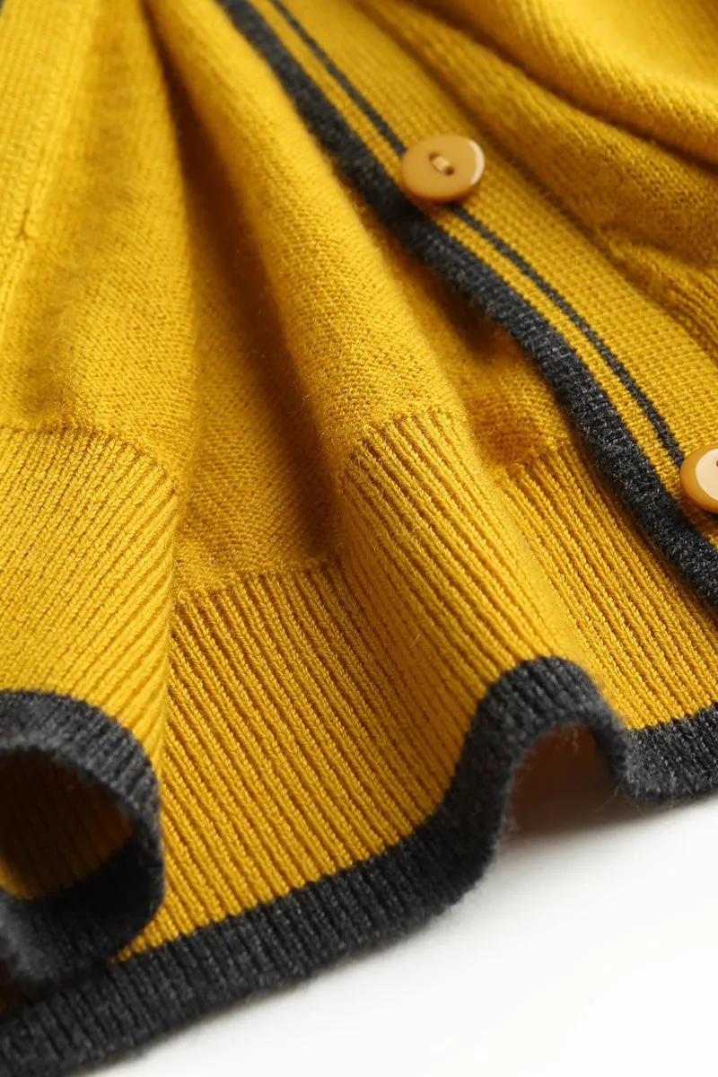 Classic Fine Knit V-Neck Button-Up Wool Cardigan with Contrast Trim