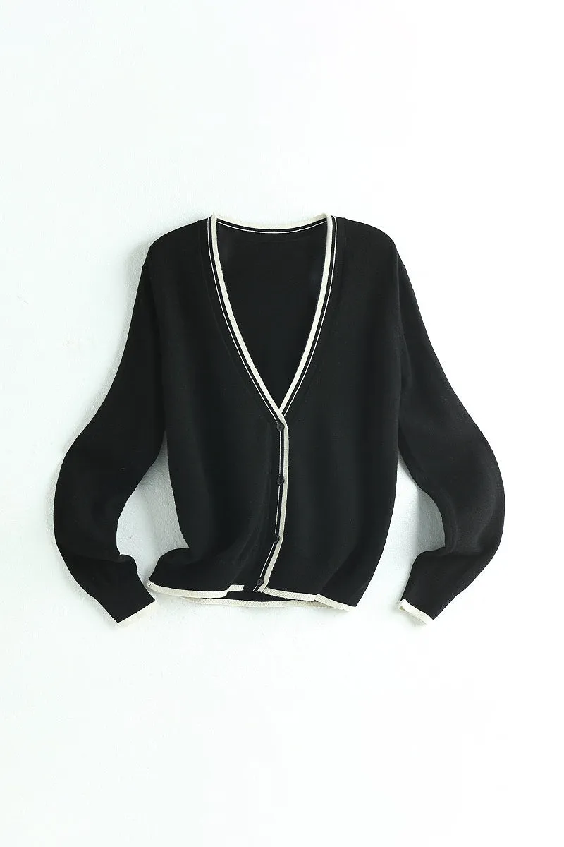 Classic Fine Knit V-Neck Button-Up Wool Cardigan with Contrast Trim