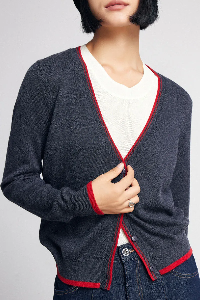 Classic Fine Knit V-Neck Button-Up Wool Cardigan with Contrast Trim