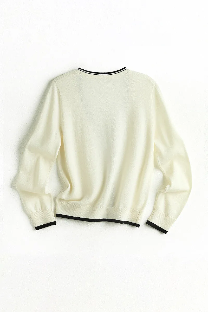 Classic Fine Knit V-Neck Button-Up Wool Cardigan with Contrast Trim