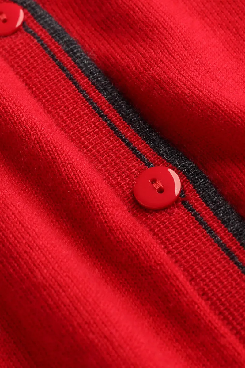Classic Fine Knit V-Neck Button-Up Wool Cardigan with Contrast Trim