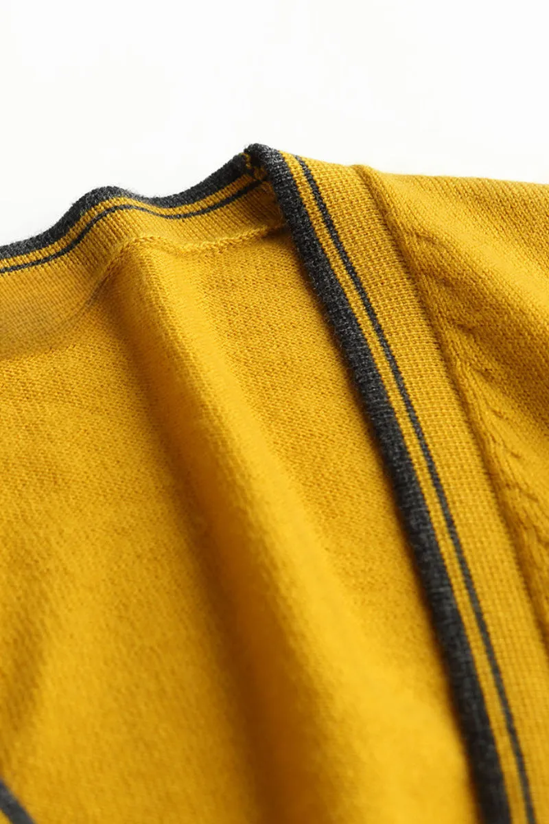 Classic Fine Knit V-Neck Button-Up Wool Cardigan with Contrast Trim