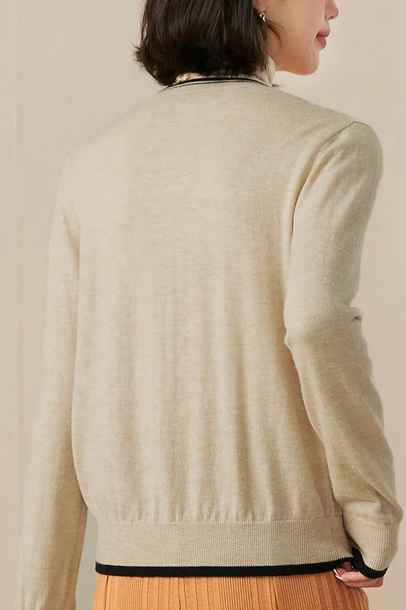 Classic Fine Knit V-Neck Button-Up Wool Cardigan with Contrast Trim