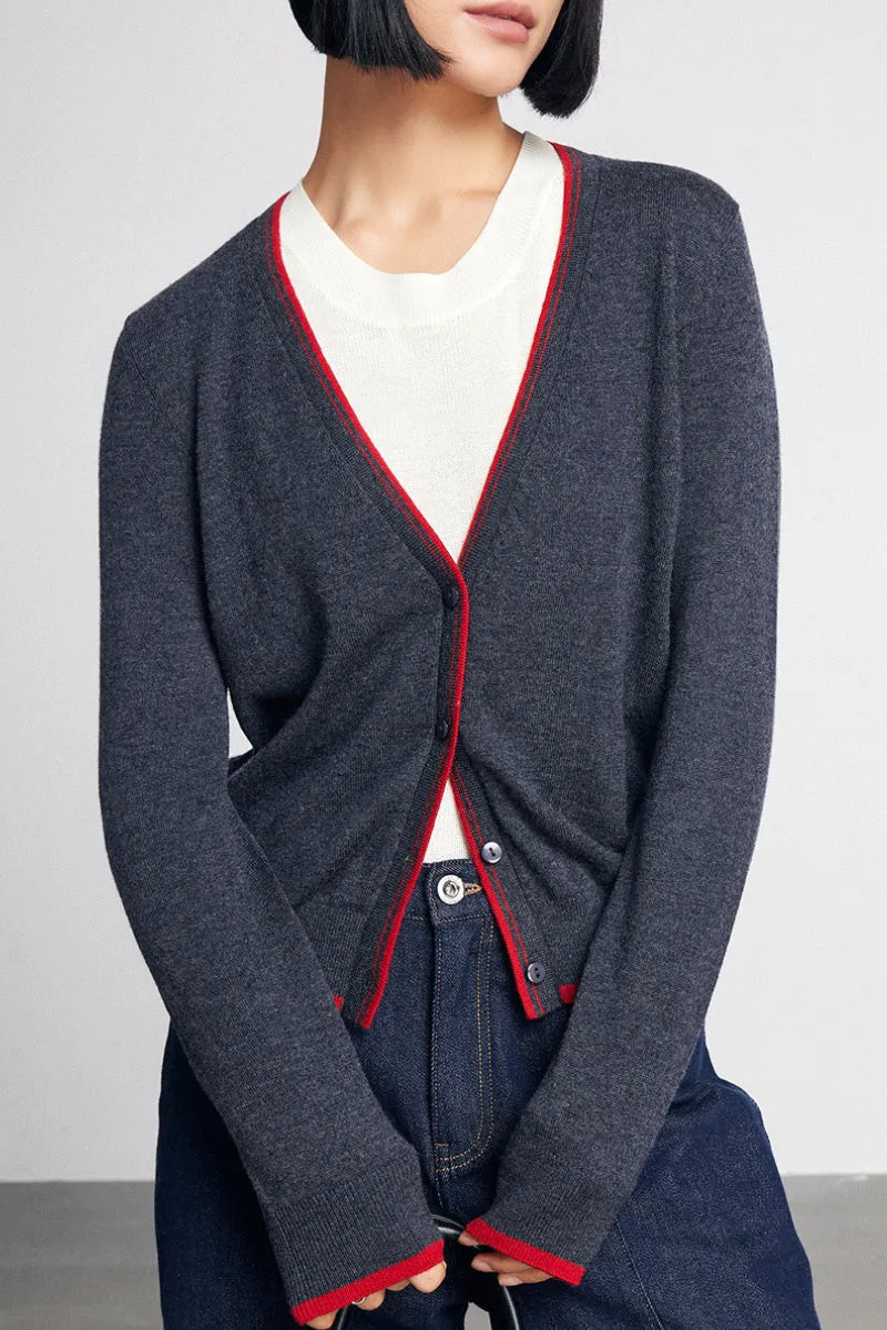 Classic Fine Knit V-Neck Button-Up Wool Cardigan with Contrast Trim