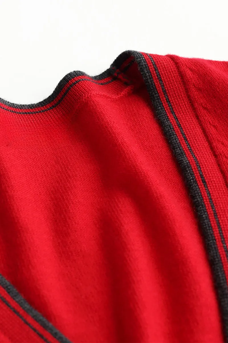 Classic Fine Knit V-Neck Button-Up Wool Cardigan with Contrast Trim