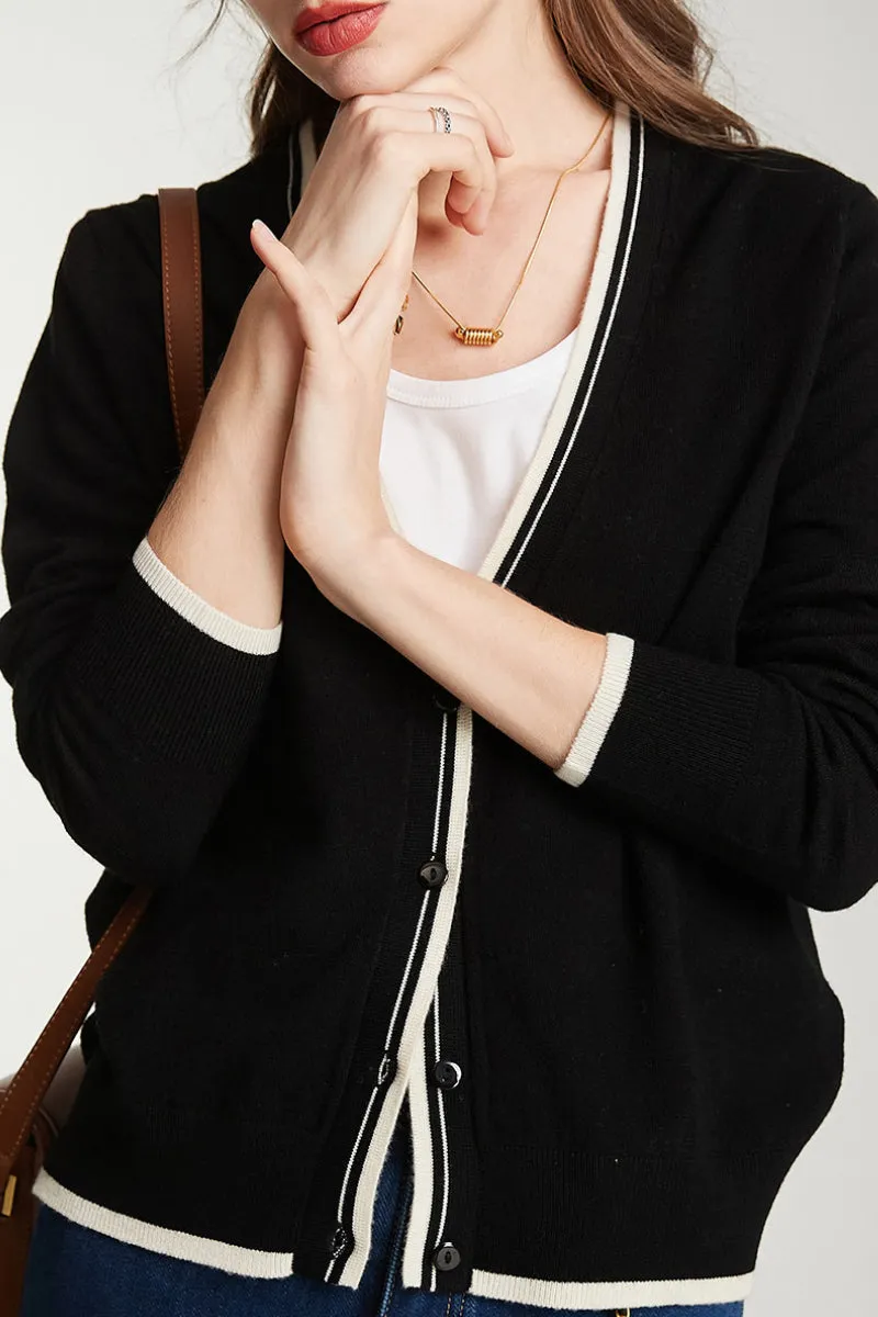 Classic Fine Knit V-Neck Button-Up Wool Cardigan with Contrast Trim