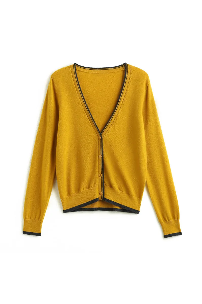Classic Fine Knit V-Neck Button-Up Wool Cardigan with Contrast Trim