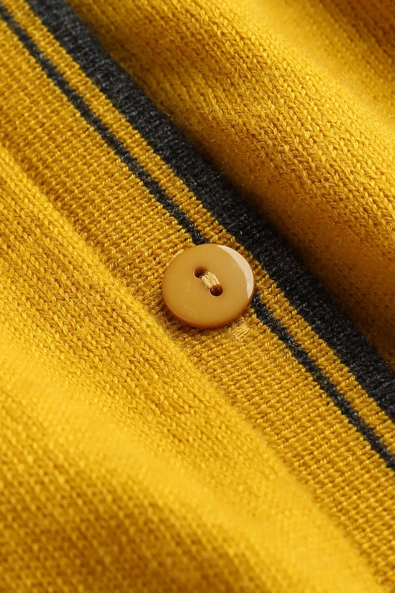 Classic Fine Knit V-Neck Button-Up Wool Cardigan with Contrast Trim