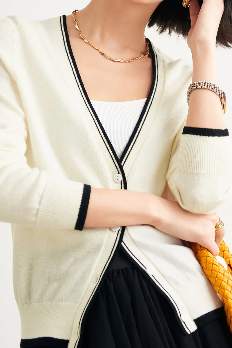 Classic Fine Knit V-Neck Button-Up Wool Cardigan with Contrast Trim