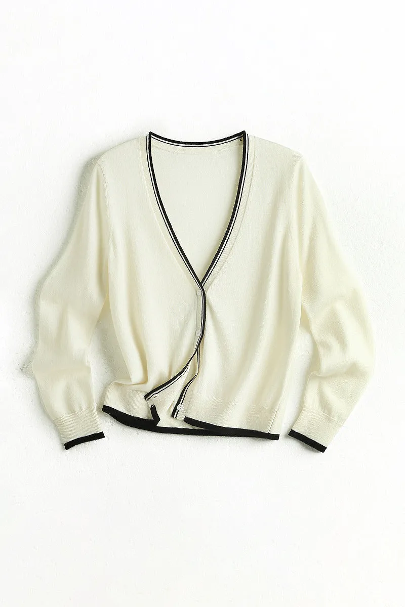 Classic Fine Knit V-Neck Button-Up Wool Cardigan with Contrast Trim