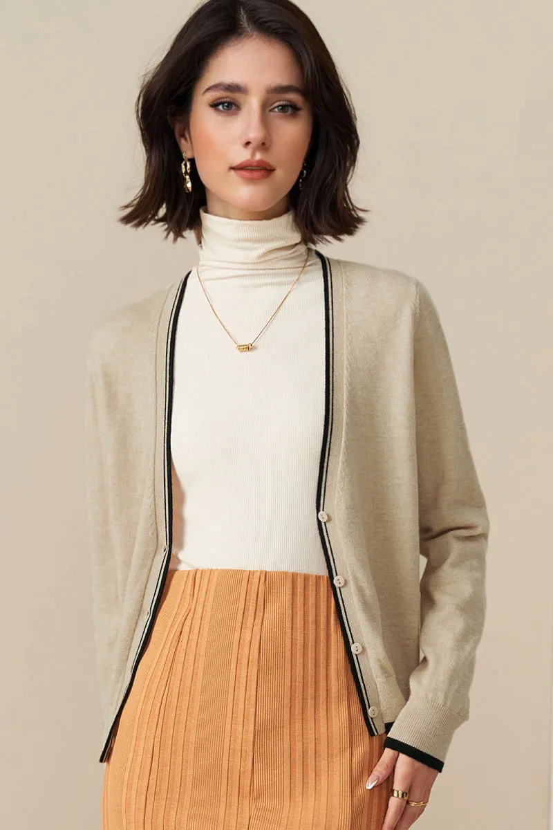 Classic Fine Knit V-Neck Button-Up Wool Cardigan with Contrast Trim