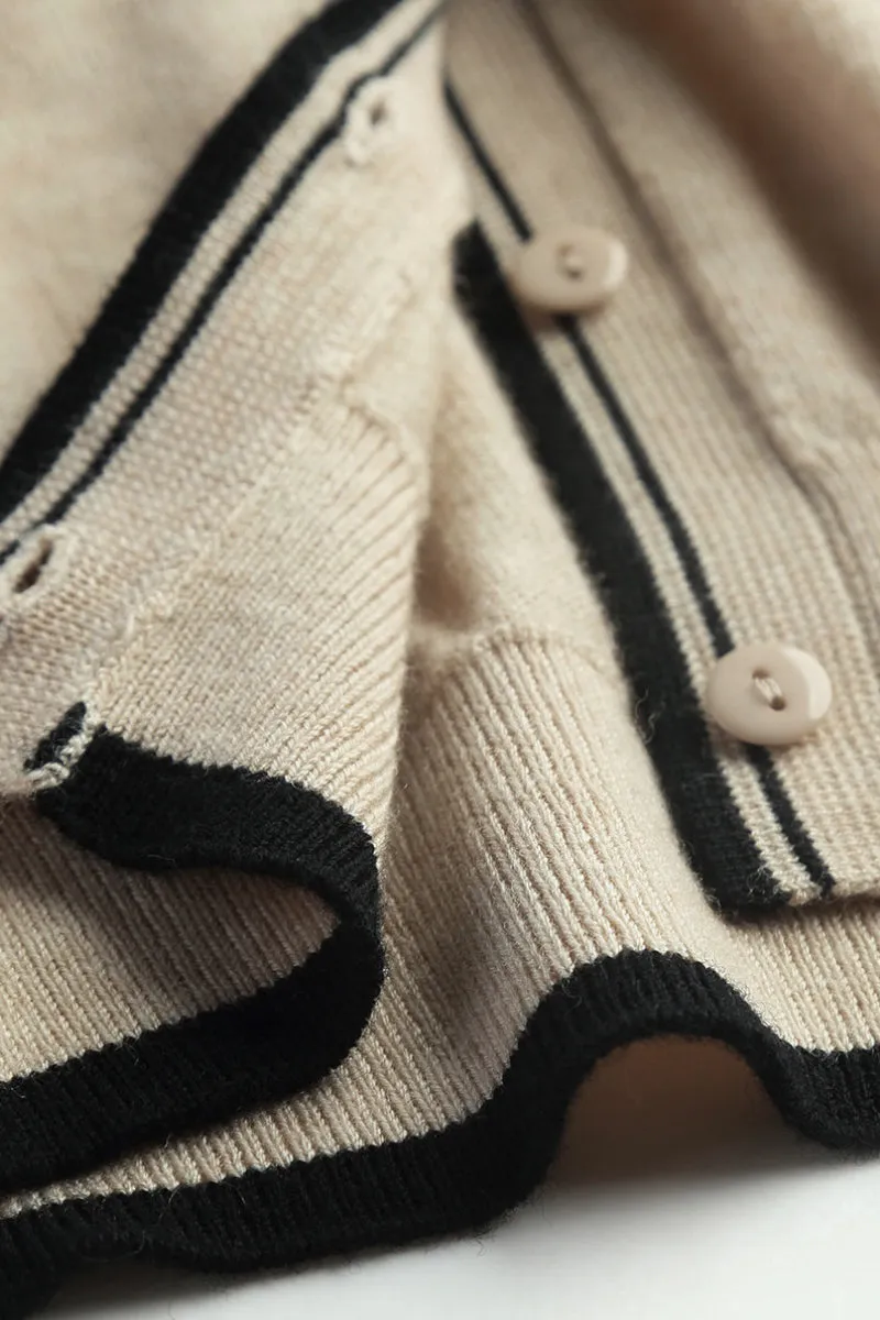 Classic Fine Knit V-Neck Button-Up Wool Cardigan with Contrast Trim