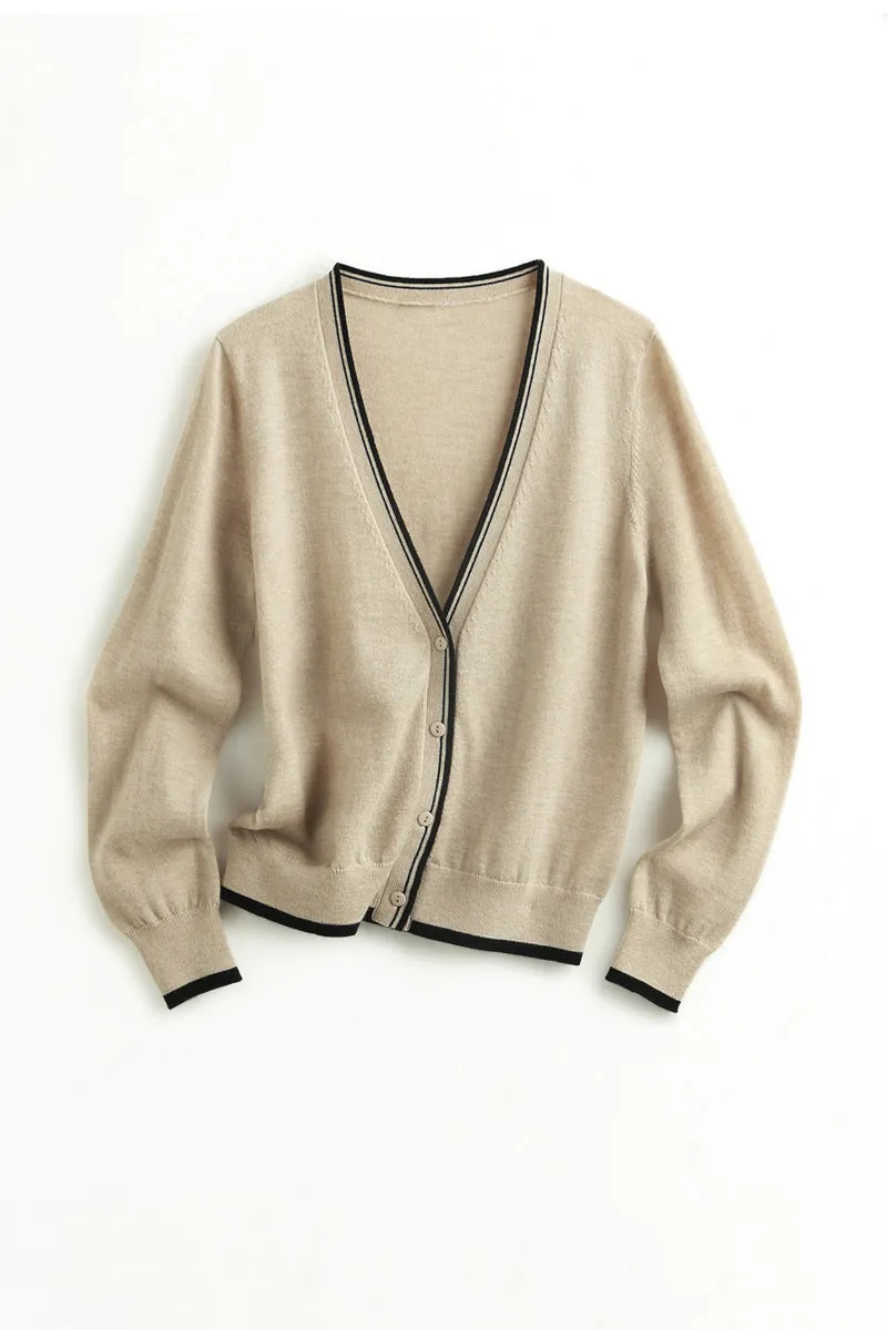Classic Fine Knit V-Neck Button-Up Wool Cardigan with Contrast Trim