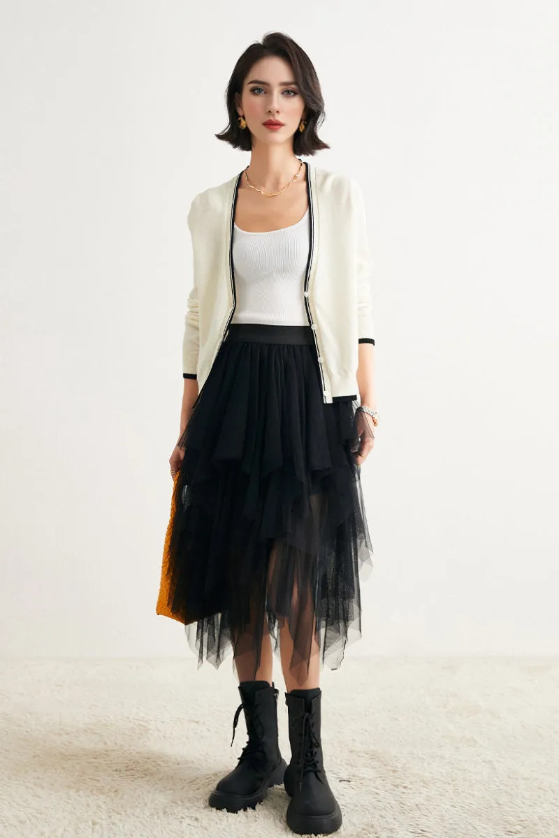 Classic Fine Knit V-Neck Button-Up Wool Cardigan with Contrast Trim
