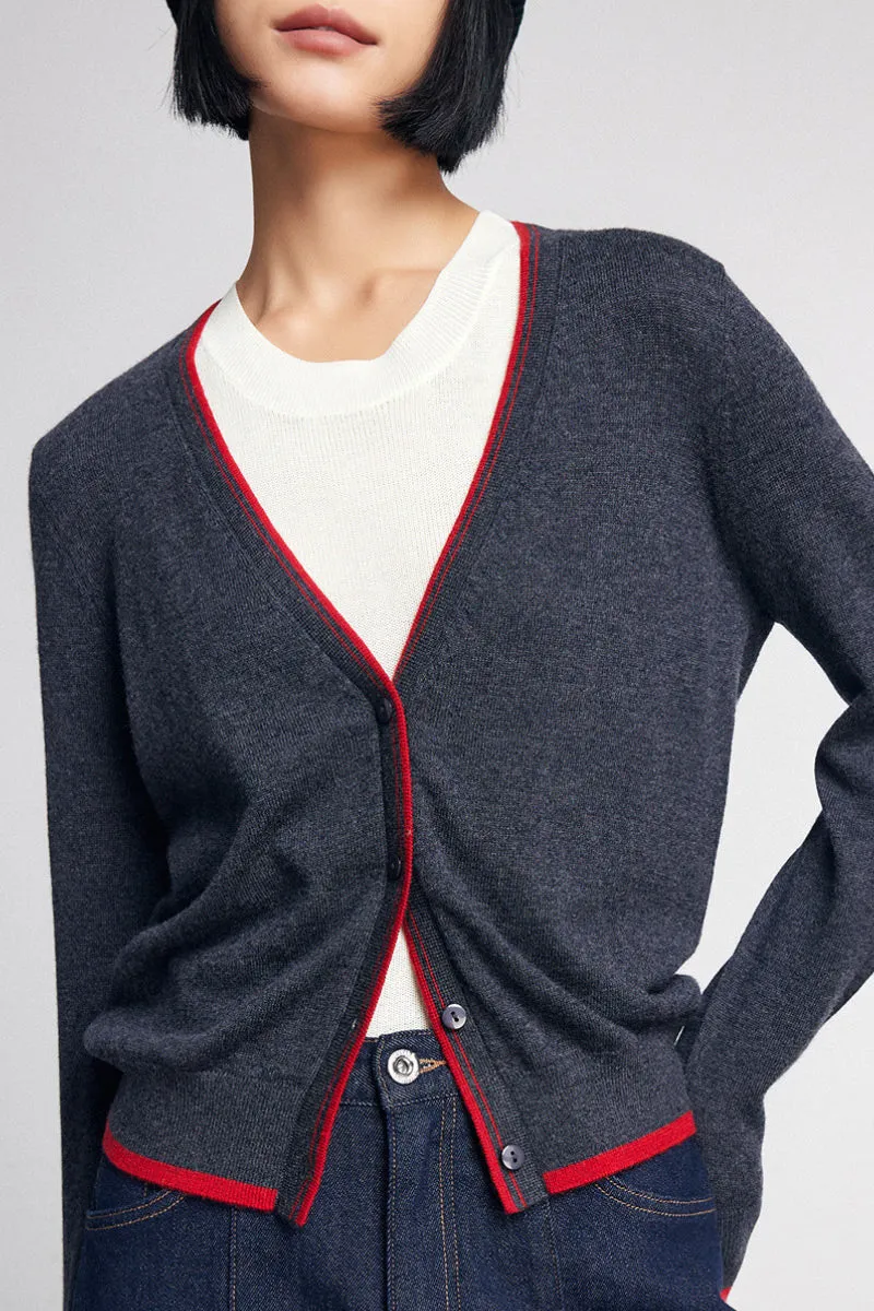 Classic Fine Knit V-Neck Button-Up Wool Cardigan with Contrast Trim