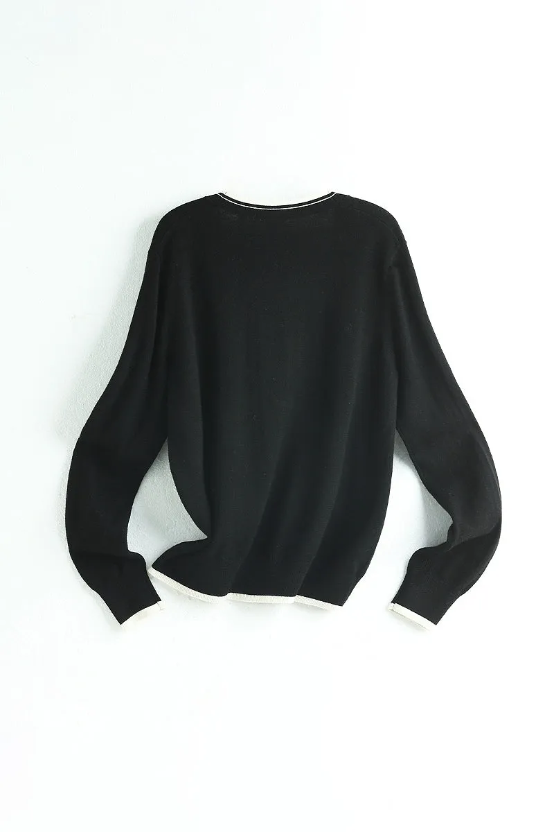 Classic Fine Knit V-Neck Button-Up Wool Cardigan with Contrast Trim