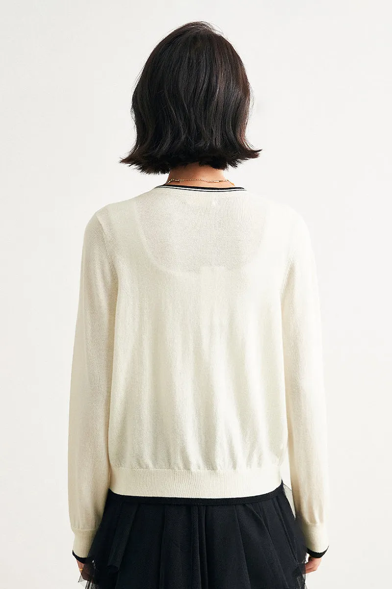 Classic Fine Knit V-Neck Button-Up Wool Cardigan with Contrast Trim