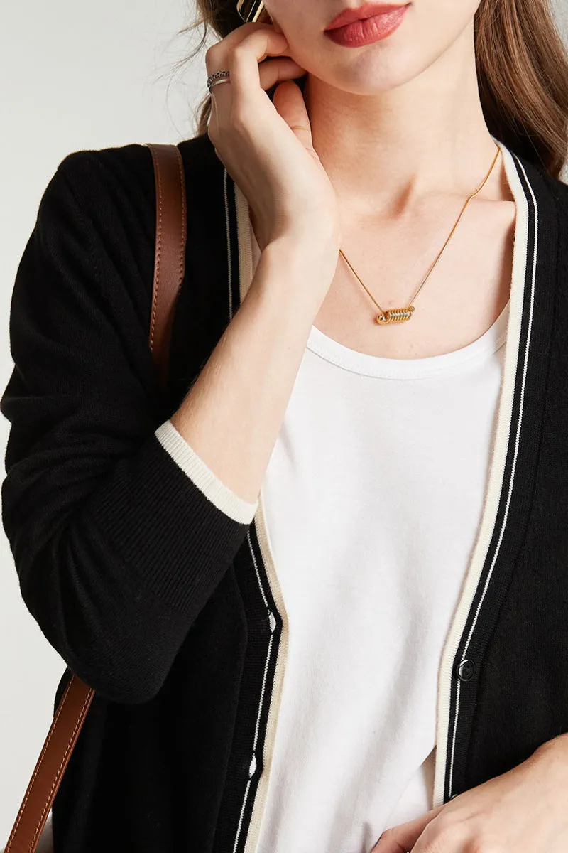 Classic Fine Knit V-Neck Button-Up Wool Cardigan with Contrast Trim