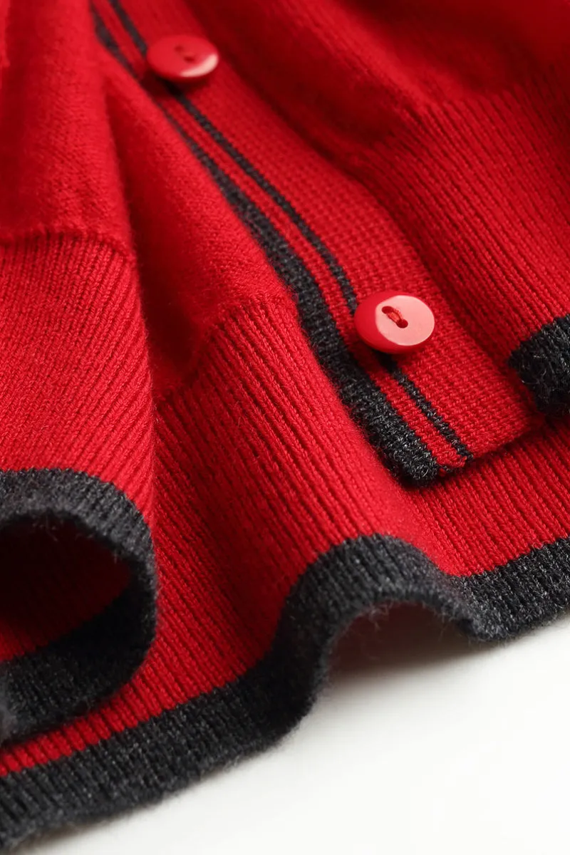 Classic Fine Knit V-Neck Button-Up Wool Cardigan with Contrast Trim