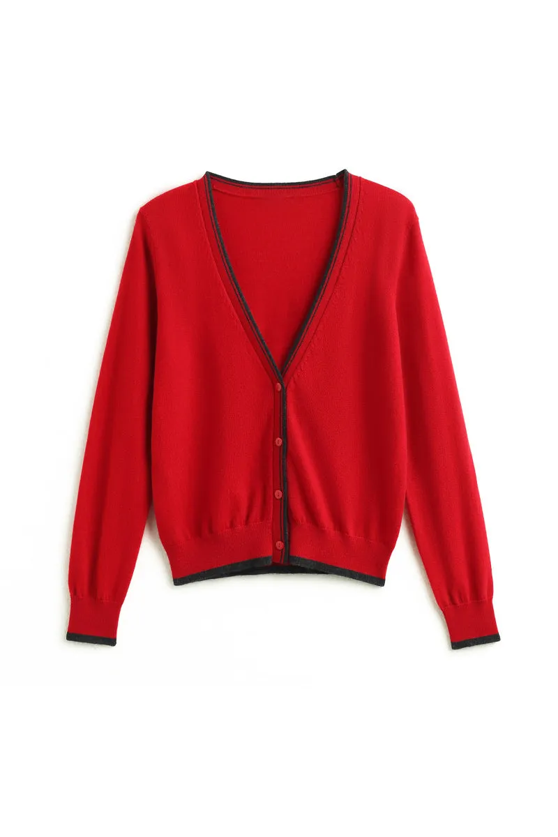 Classic Fine Knit V-Neck Button-Up Wool Cardigan with Contrast Trim