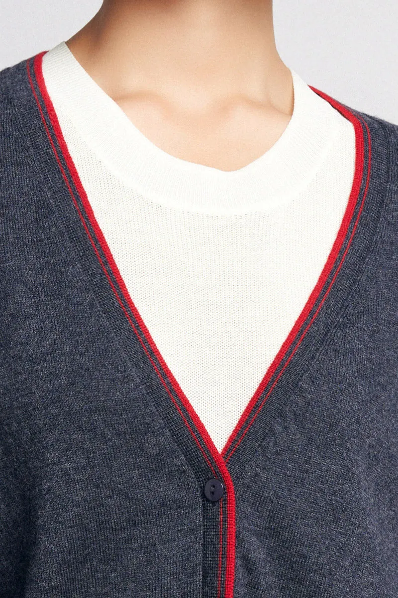 Classic Fine Knit V-Neck Button-Up Wool Cardigan with Contrast Trim
