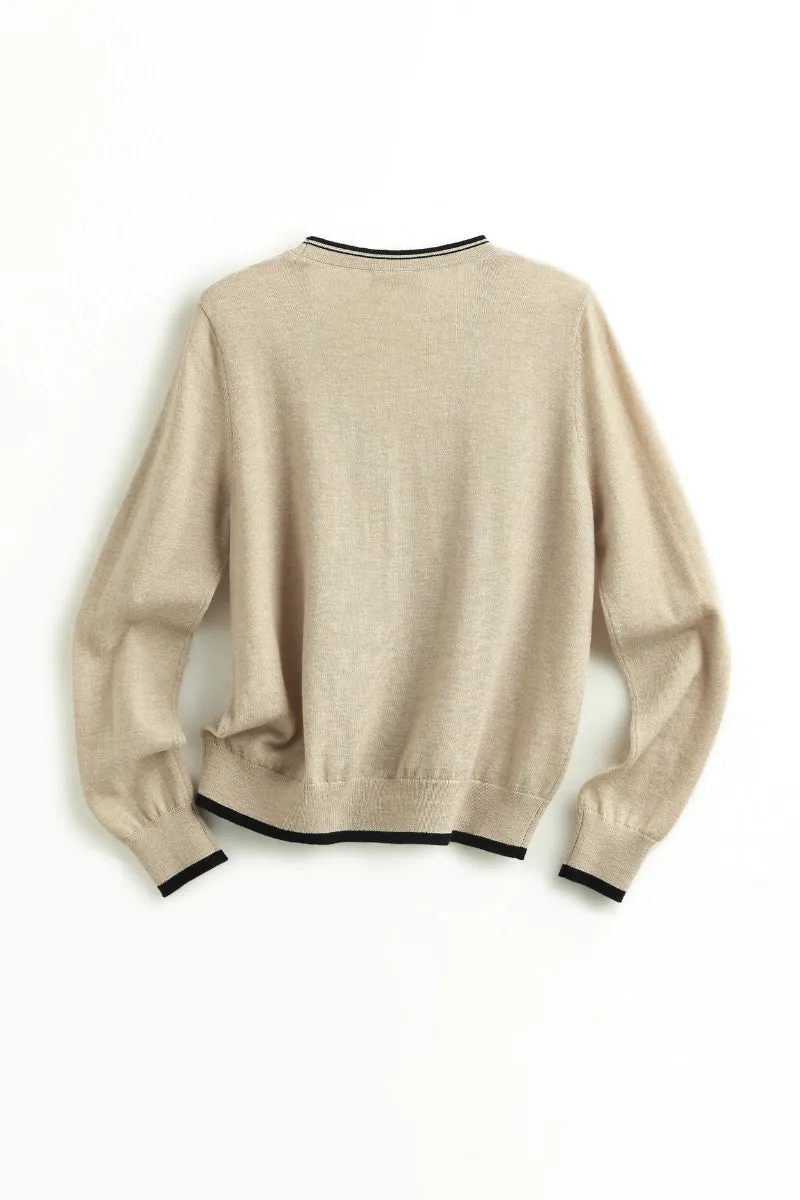 Classic Fine Knit V-Neck Button-Up Wool Cardigan with Contrast Trim